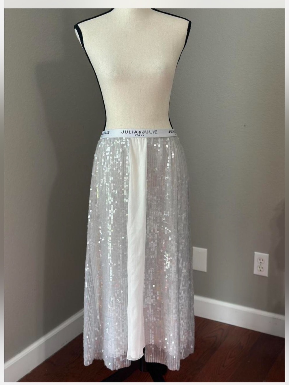 Made in Italy Silver Sequin Maxi Open Sides Skirt